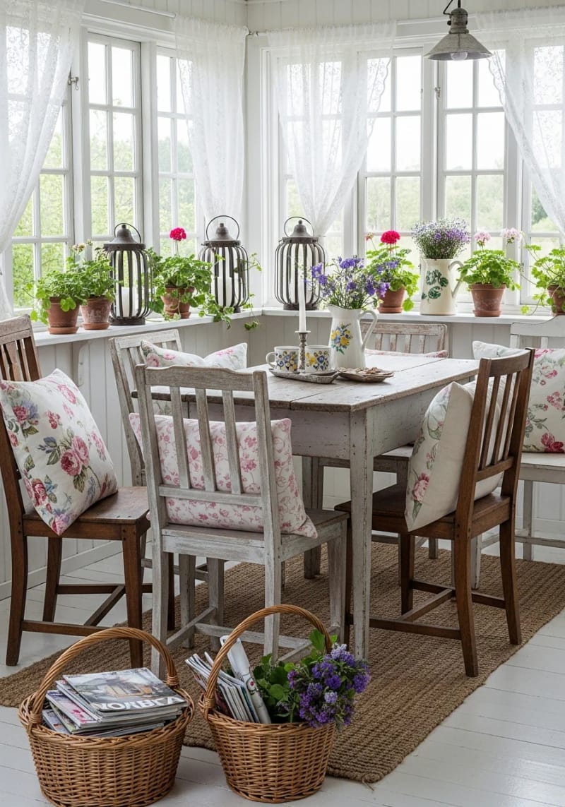 19 small conservatory ideas to open small rooms 37 Rustic cottage charm with non -matching antique chairs and flower pillows 1