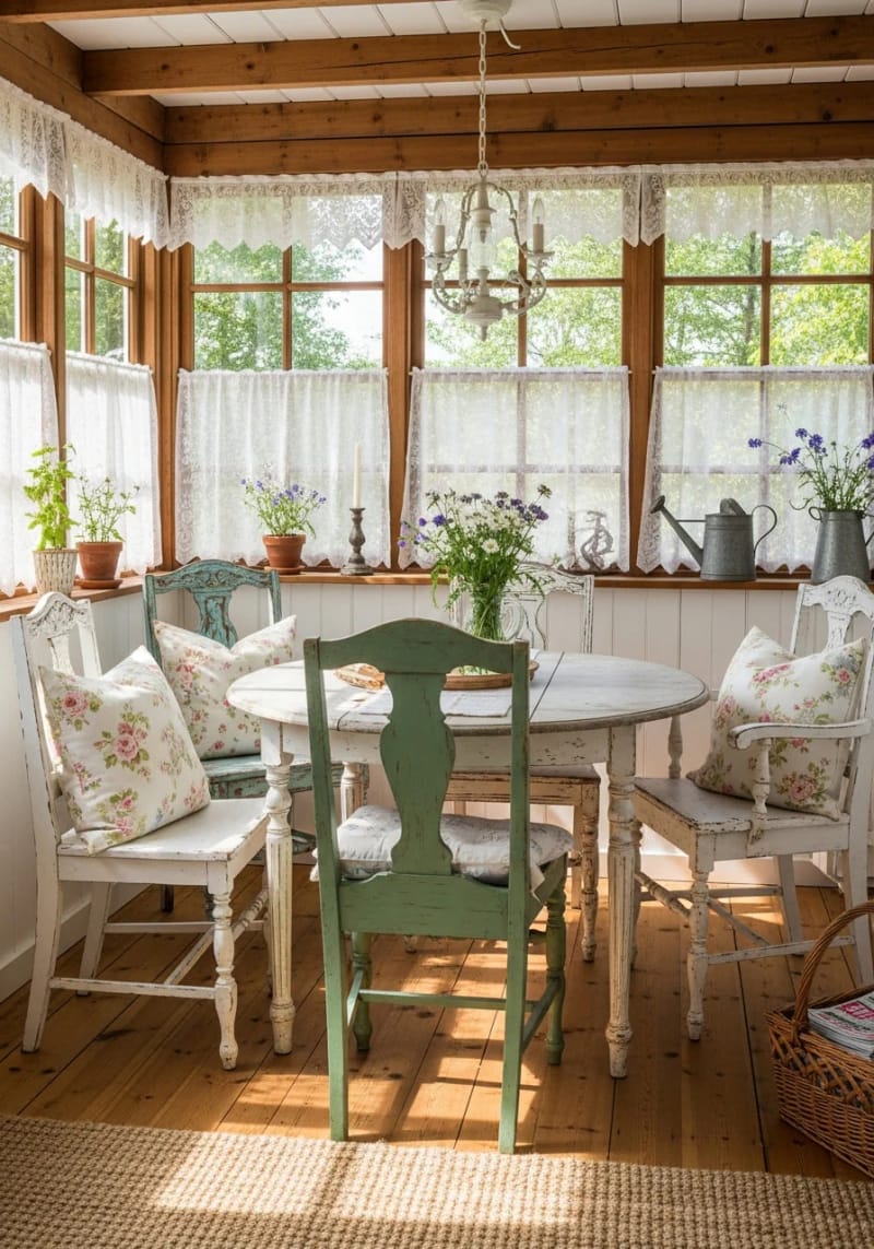 19 small conservatory ideas to open small rooms 38 Rustic cottage charm with non -matching antique chairs and flower pillows 1