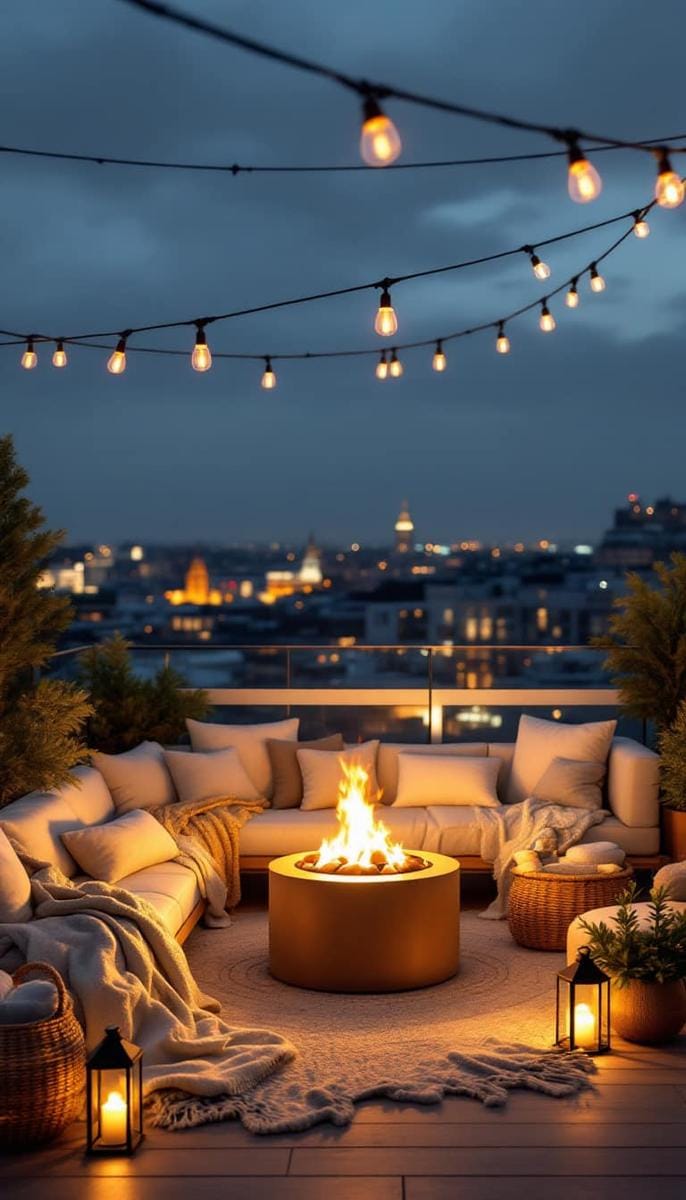 23 verträumte Dachterrasse Designs für modernes Leben im Freien 26 Skandinavische Hygge -Weok mit geschichteten Textilien und einer Feuerstelle 1