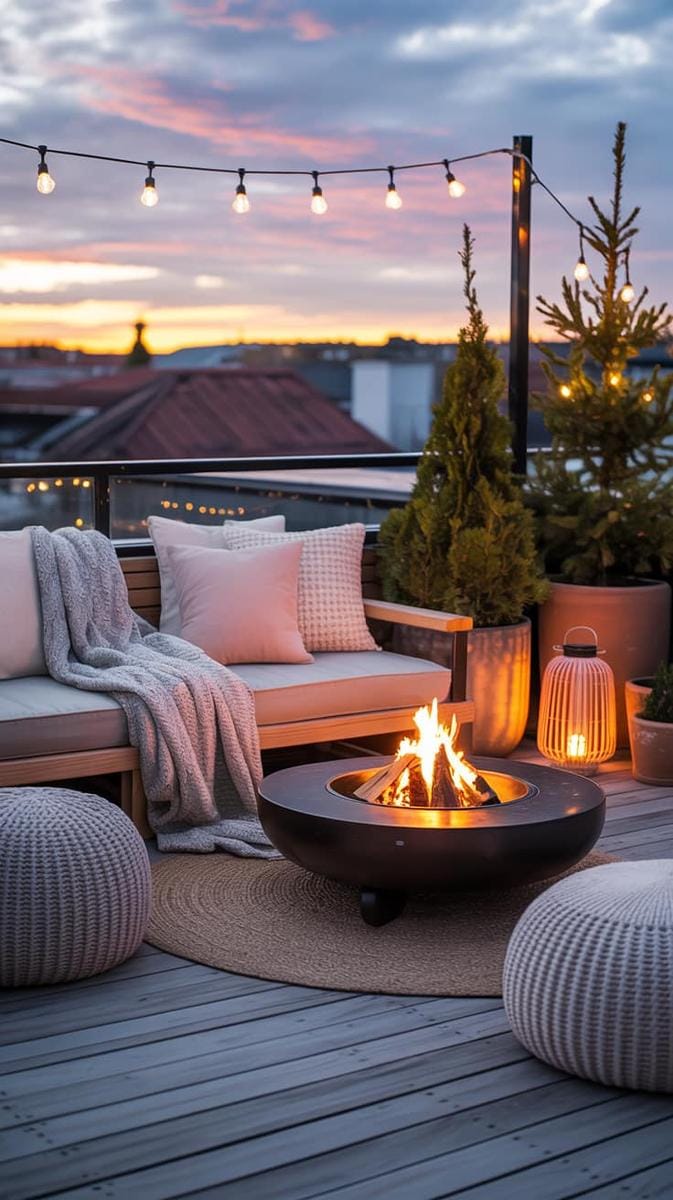 23 verträumte Dachterrasse Designs für modernes Leben im Freien 27 Skandinavische Hygge -Weok mit geschichteten Textilien und einer Feuerstelle 1