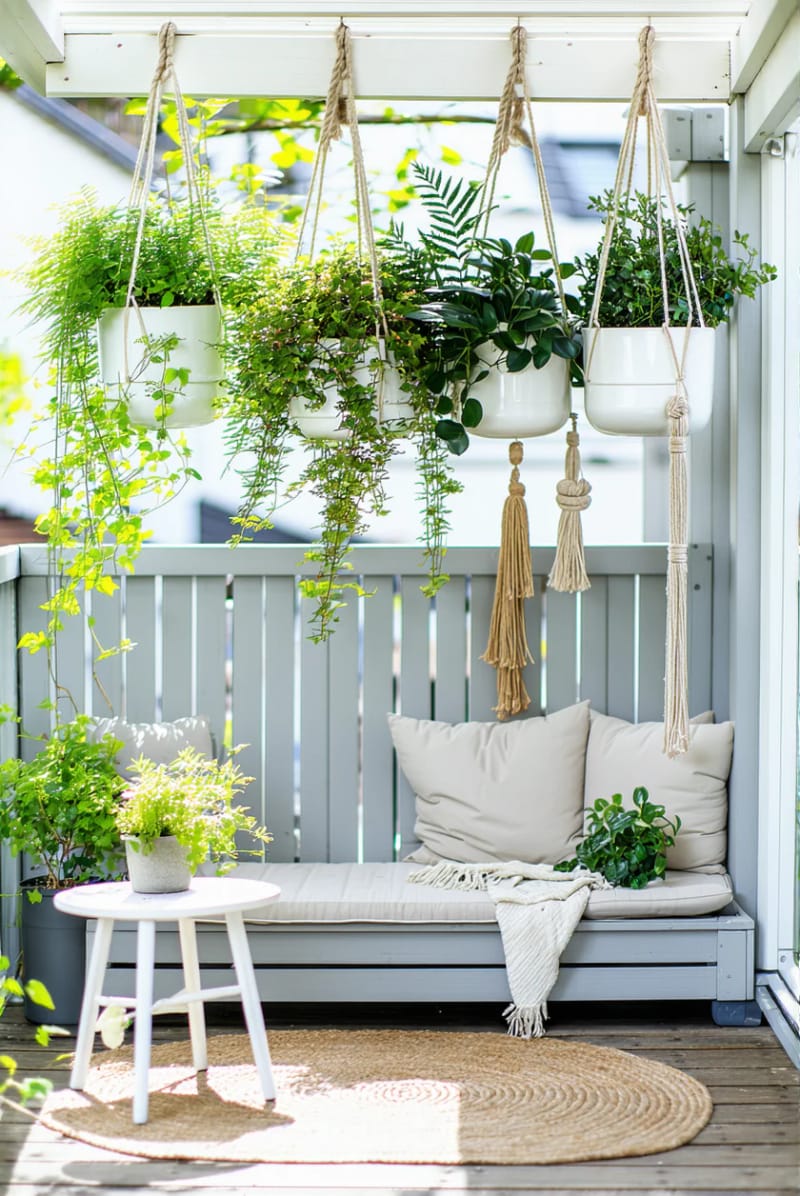 15 unique balcony with hanging plants for urban rooms 38 Scandinavian inspired balcony with white ceramic plants 1
