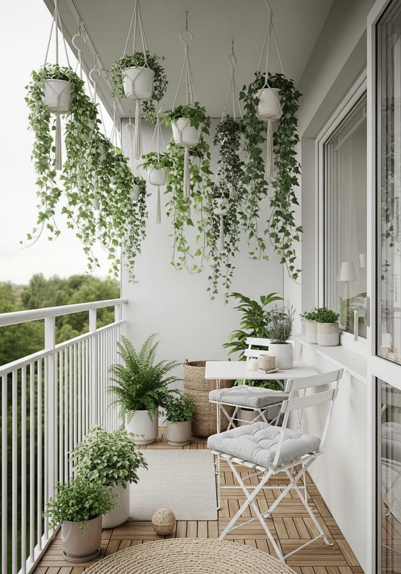 15 unique balcony with hanging plants for urban rooms 40 Scandinavian inspired balcony with white ceramic plants 1