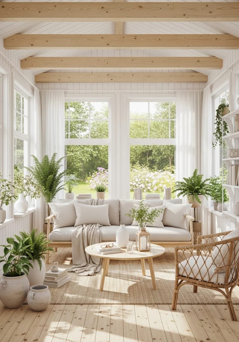 15 beautiful winter garden decoration ideas to refresh your home 42 Scandinavian -inspired winter garden with light wood, soft neutral and leaf ferns 1