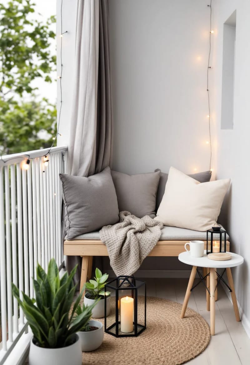 25 gemütliche kleine Balkondesign -Ideen, um Ihren Raum zu erhöhen 76 SCANDINAVISCHE STYLE BENCH mit neutralen Kissen und Laternen 1