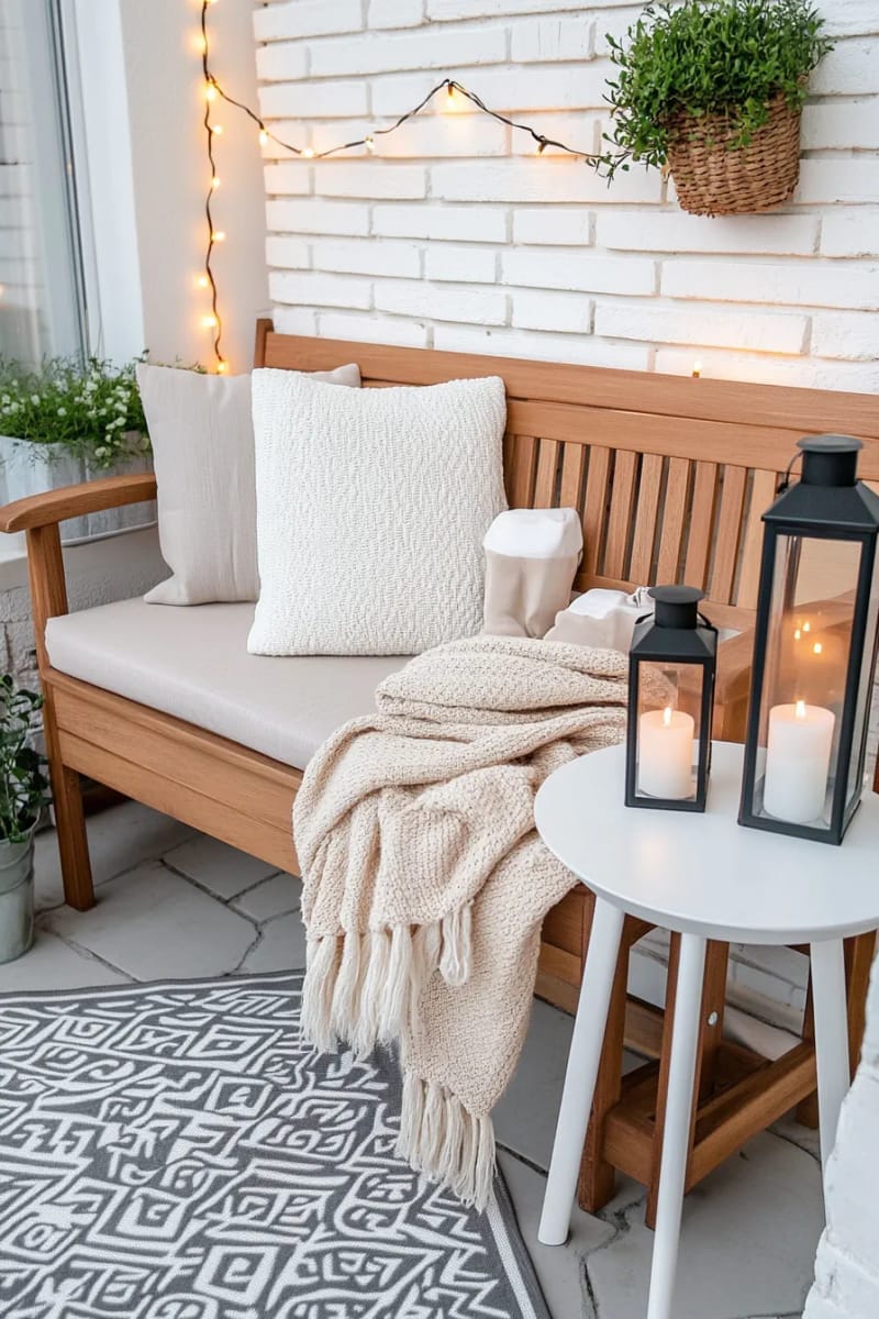 25 gemütliche kleine Balkondesign -Ideen, um Ihren Raum zu erhöhen 77 SCANDINAVISCHE STYLE BENCH mit neutralen Kissen und Laternen 1