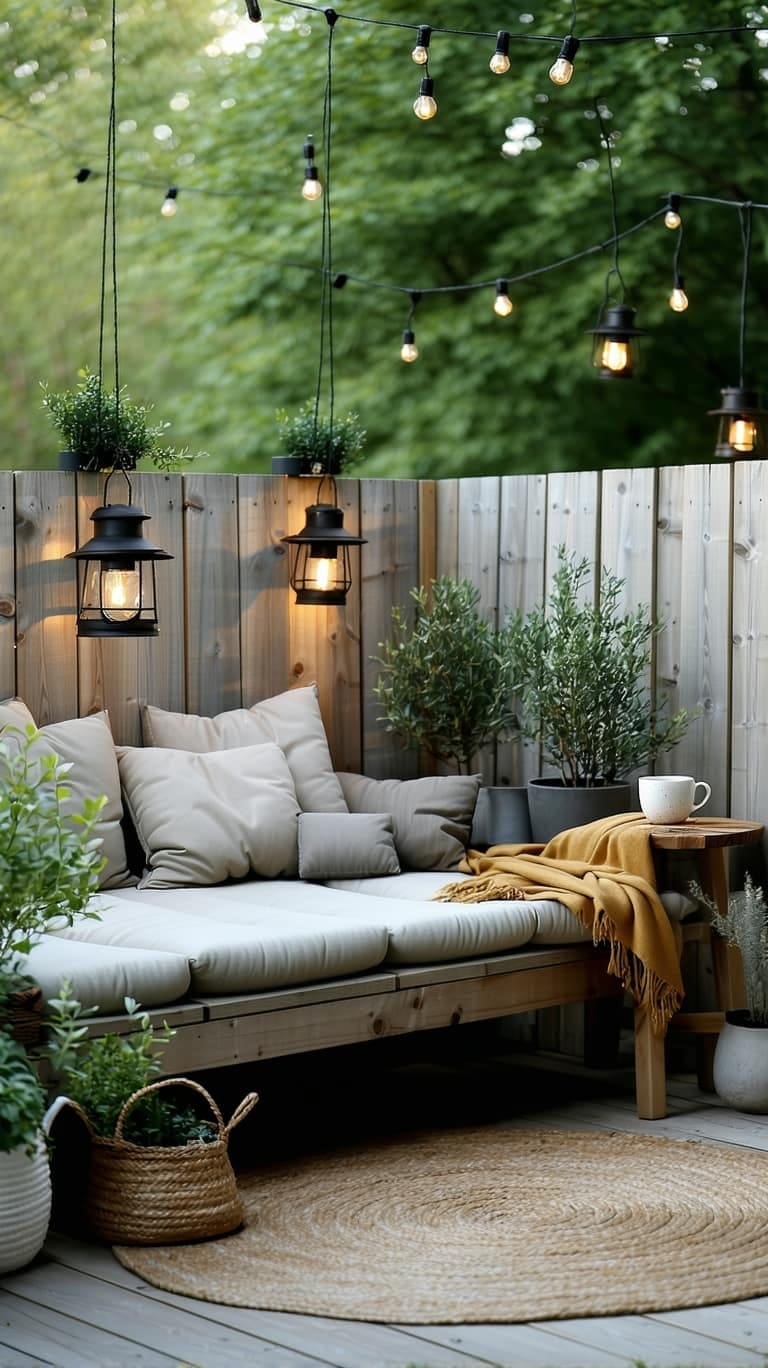 25 gemütliche kleine Balkondesign -Ideen, um Ihren Raum zu erhöhen 78 SCANDINAVISCHE STYLE BENCH mit neutralen Kissen und Laternen 1