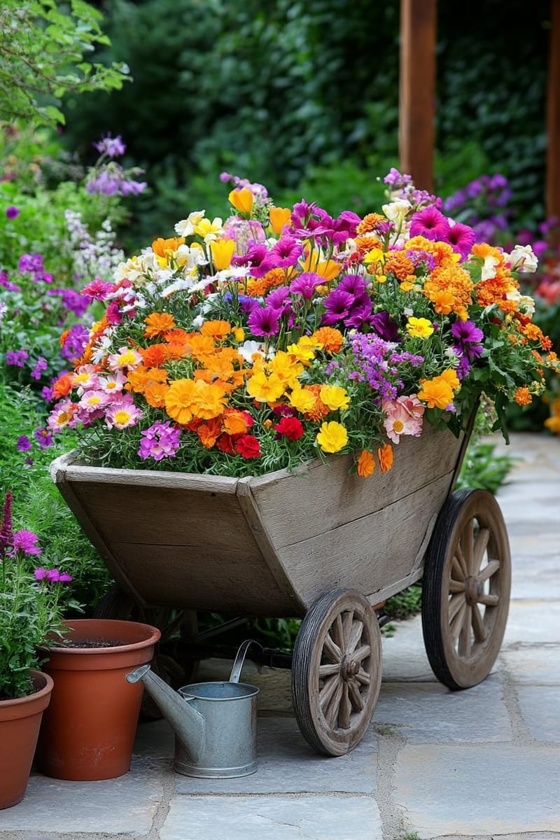 25 Unique Terrace Garden Ideas to Elevate Your Outdoor Space 61 seasonal flower barrow—wheelbarrow overflowing with rotating blooms 1