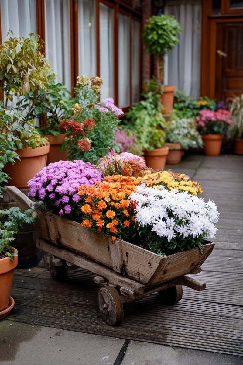 25 Unique Terrace Garden Ideas to Elevate Your Outdoor Space 62 seasonal flower barrow—wheelbarrow overflowing with rotating blooms 1