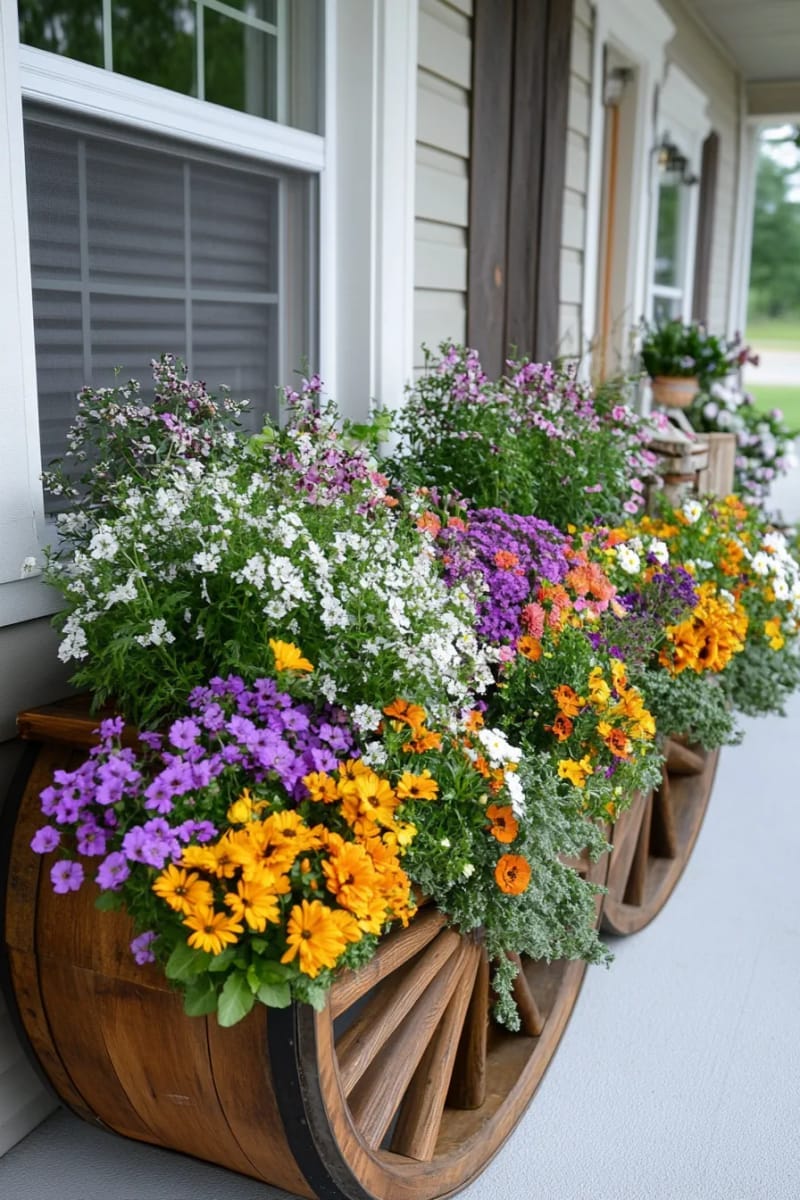 25 Unique Terrace Garden Ideas to Elevate Your Outdoor Space 63 seasonal flower barrow—wheelbarrow overflowing with rotating blooms 1