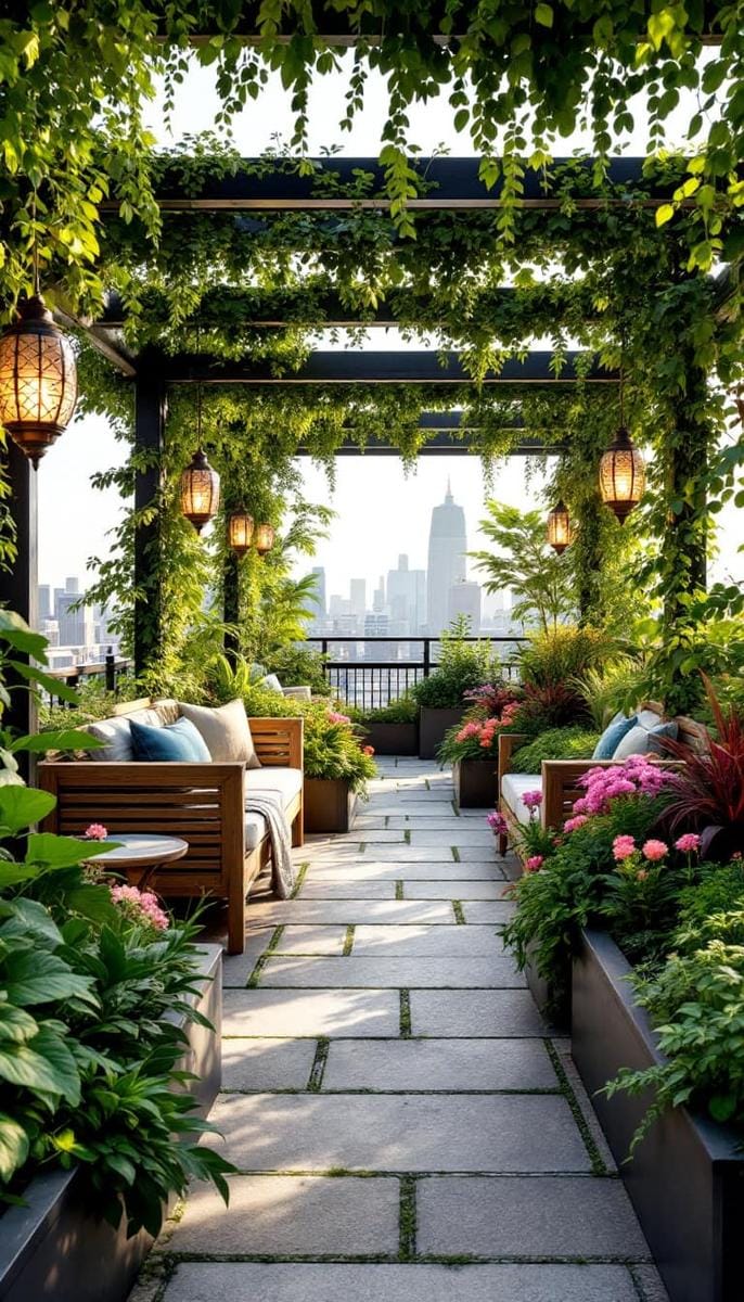 23 verträumte Dachterrasse Designs für modernes Leben im Freien 18 Geheime Gartenflucht mit kurvenreichen Wegen und üppig erhöhten Pflanzgefäßen 1