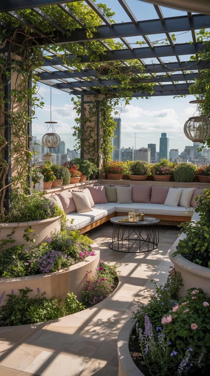 23 verträumte Dachterrasse Designs für modernes Leben im Freien 19 Geheime Gartenflucht mit kurvenreichen Wegen und üppig erhöhten Pflanzgefäßen 1