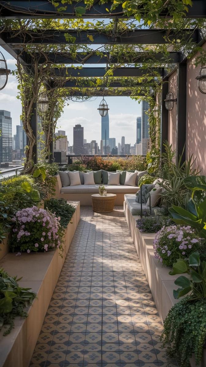 23 verträumte Dachterrasse Designs für modernes Leben im Freien 20 Geheime Gartenflucht mit kurvenreichen Wegen und üppig erhöhten Pflanzgefäßen 1