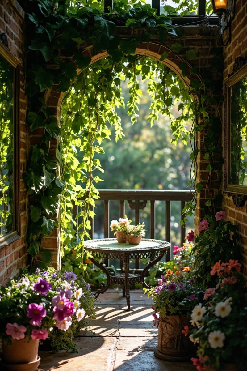 25 Unique Terrace Garden Ideas to Elevate Your Outdoor Space 71 secret garden nook with trailing ivy and antique mirrors 1