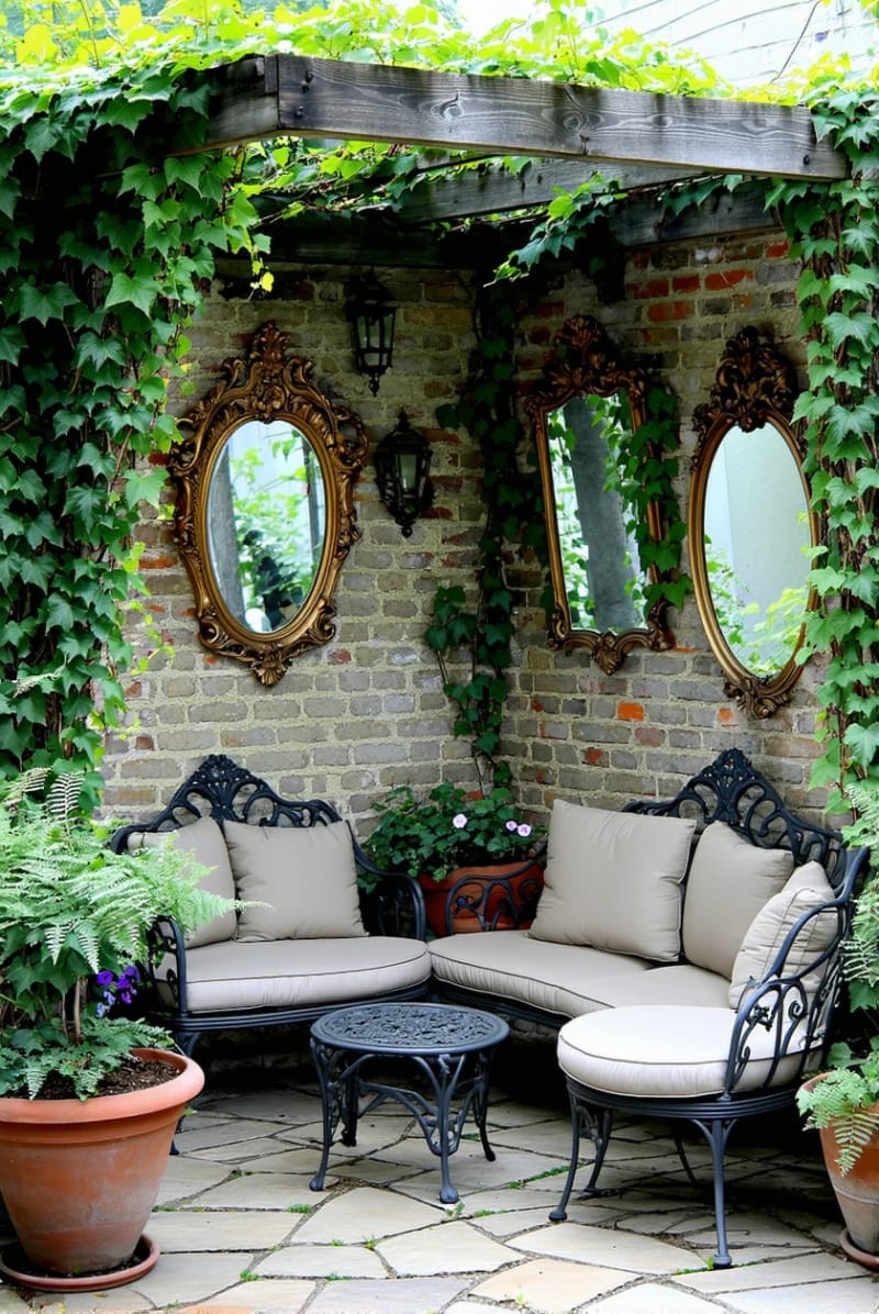 25 Unique Terrace Garden Ideas to Elevate Your Outdoor Space 72 secret garden nook with trailing ivy and antique mirrors 1