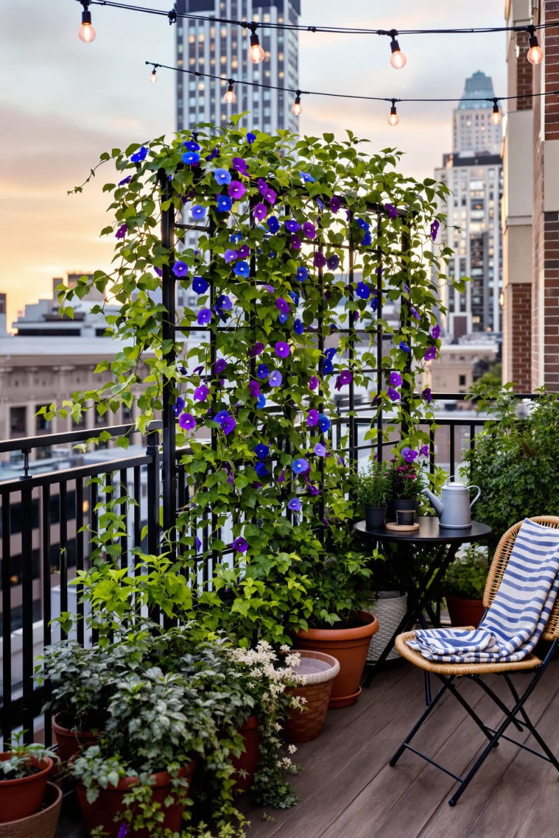 19 breathtaking urban garden balcony for a stylish outdoor area 24 Direct a small balcony grille for climbing beans and morning reasons 1 to 1