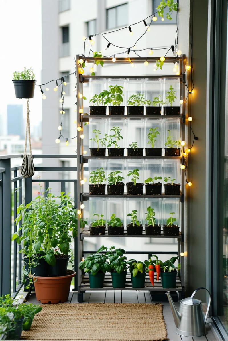 19 breathtaking urban garden balcony for a stylish outdoor area 43 Direct a tiny balcony greenhouse with clear containers and mini vegetables 1 to 1