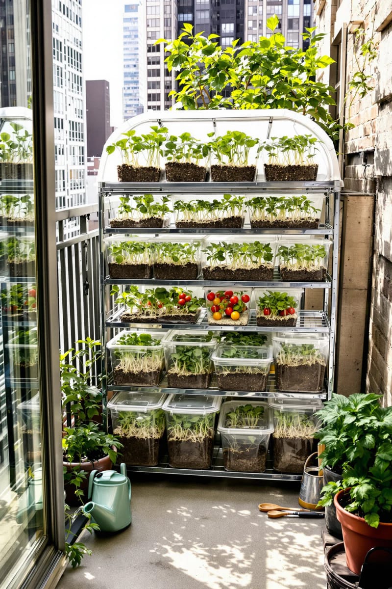19 breathtaking urban garden balcony for a stylish outdoor area 44 Direct a tiny balcony greenhouse with clear containers and mini vegetables 1 to 1