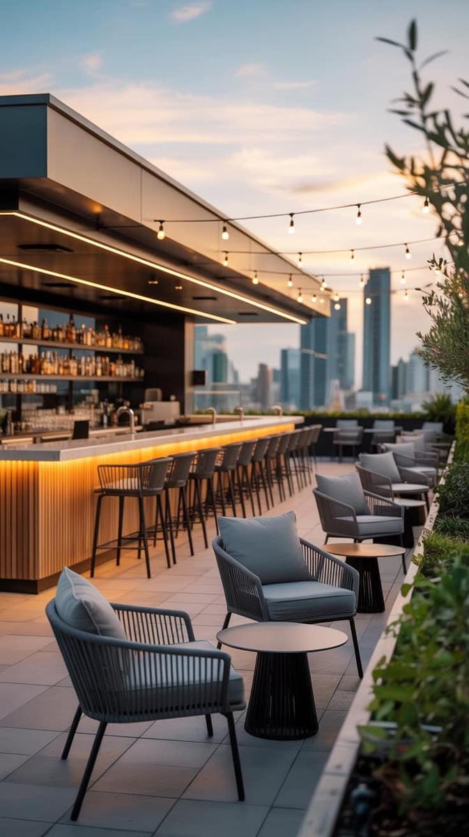 23 verträumte Dachterrasse Designs für modernes Leben im Freien 31 31 Schlanke Bar auf dem Dach mit eingebauten Sitzgelegenheiten und LED-Unterbeleuchtung 1