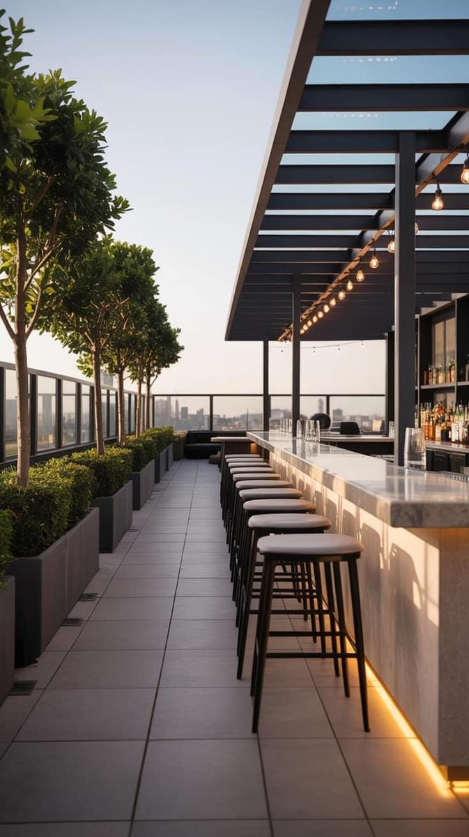23 verträumte Dachterrasse Designs für modernes Leben im Freien 33 Schlanke Bar auf dem Dach mit eingebauten Sitzgelegenheiten und LED-Unterbeleuchtung 1