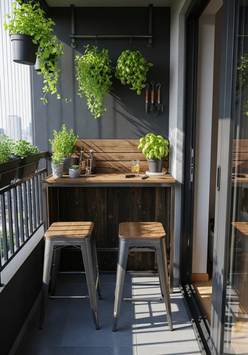 15 unique balcony with hanging plants for urban rooms 29 Small balcony bar with mint and basil hang over 1
