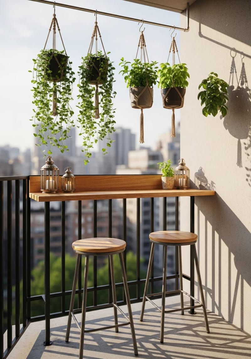 15 unique balcony with hanging plants for urban rooms 31 Small balcony bar with mint and basil hang over 1