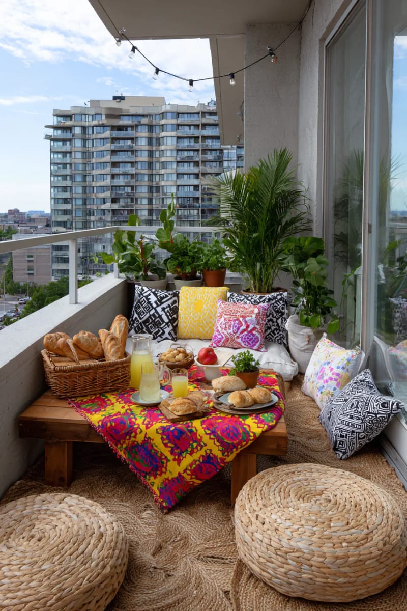 25 atemberaubende Balkondekorationsideen für moderne Räume 55 Kleine Balkon -Picknick -Setup mit lebendigen Tischdecken und Körben 1