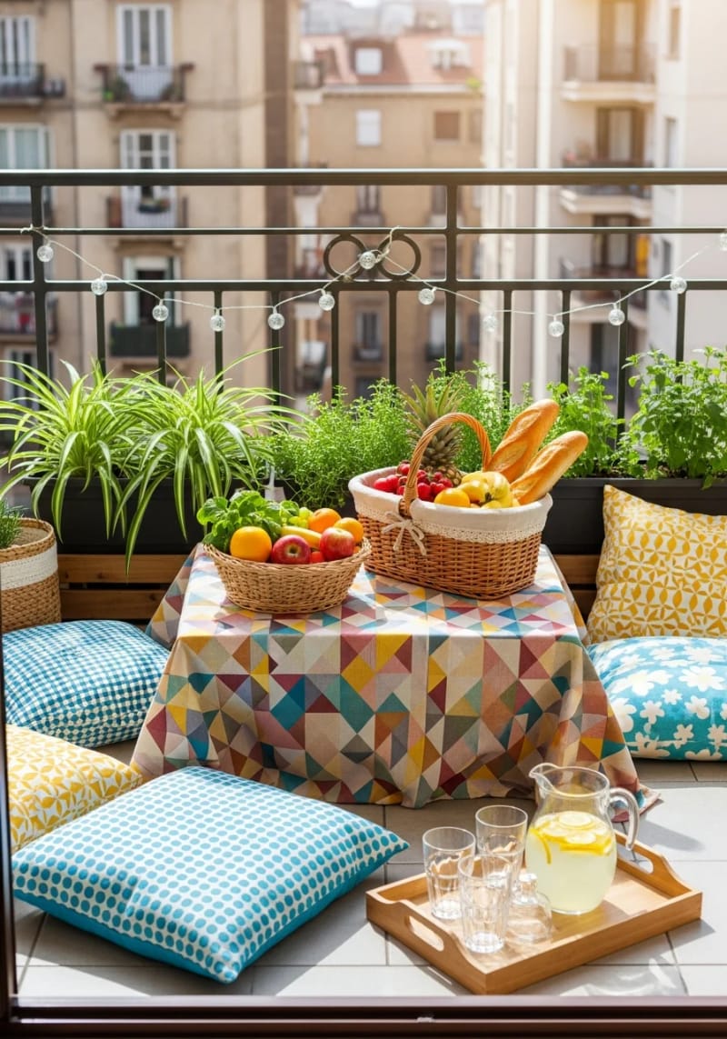 25 atemberaubende Balkondekorationsideen für moderne Räume 56 Kleine Balkon -Picknick -Setup mit lebendigen Tischdecken und Körben 1