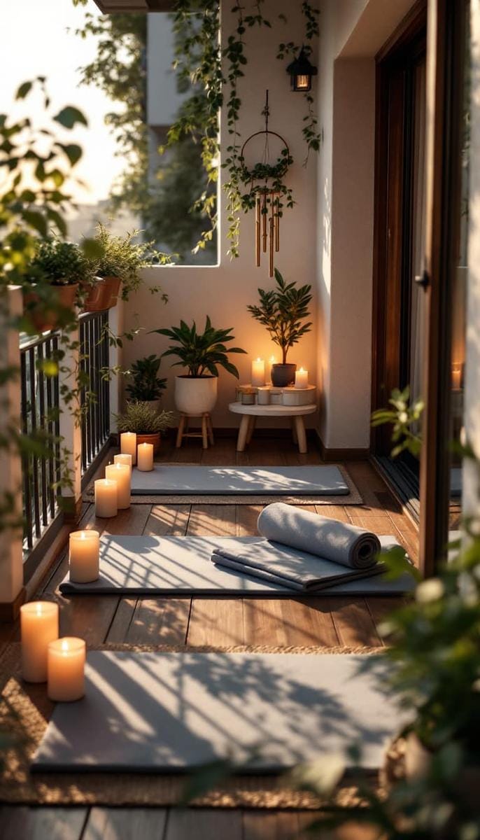 21 stylish apartment balcony this season 30 Small balcony yoga zone with foldable mats, candles and soothing wind chimes 1