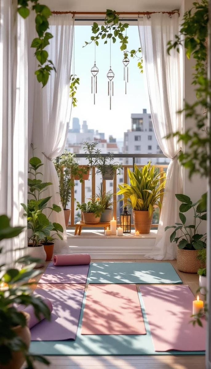 21 stylish apartment balcony this season 31 Small balcony yoga zone with foldable mats, candles and soothing wind chimes 1