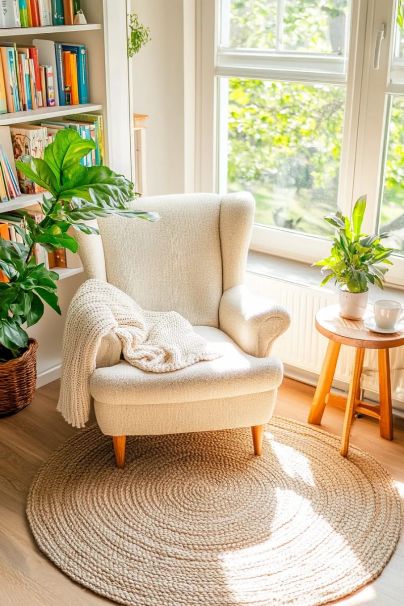 15 wonderful winter garden decoration ideas to refresh your home 29 Small winter garden corner with bookshelf and cozy Wingback chair 1