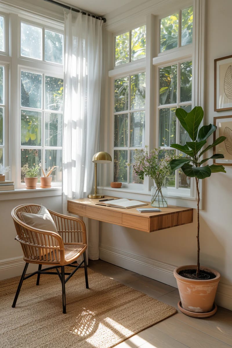 19 Small winter garden Ideas to open small rooms 39 Small winter garden work area with floating desk and natural view 1