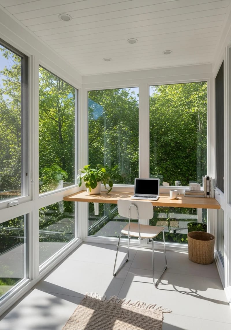 19 small conservatory ideas to open small rooms 40 Small winter garden work area with floating desk and natural view 1