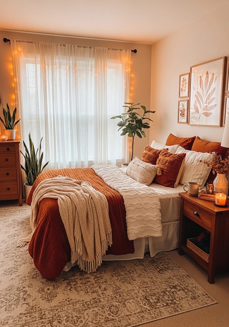 21 Cozy autumn bedroom decoration ideas for autumn 41 Soft amber chain lights that hide behind sheer curtains 1