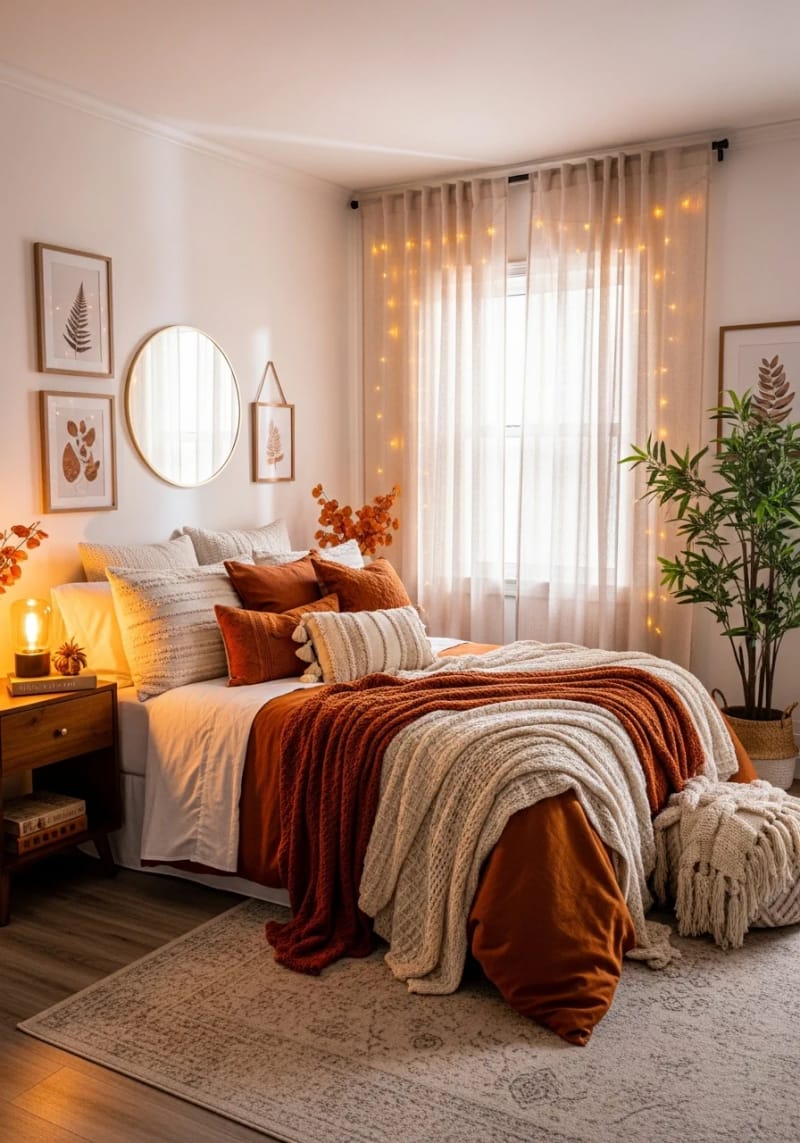 21 Cozy autumn bedroom decoration ideas for trying this autumn 42 Soft amber chain lights that hide behind sheer curtains 1