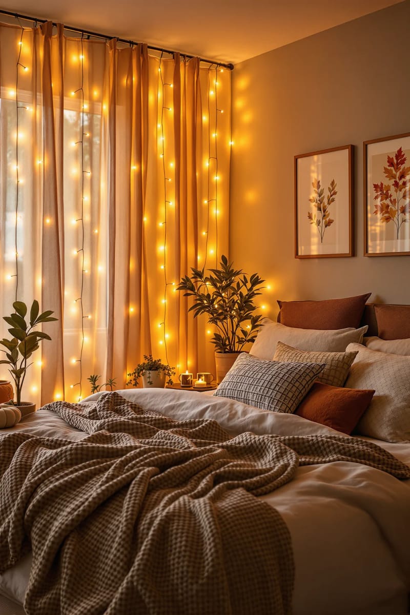 21 Cozy autumn bedroom decoration ideas for autumn 43 Soft amber chain lights that hide behind sheer curtains 1
