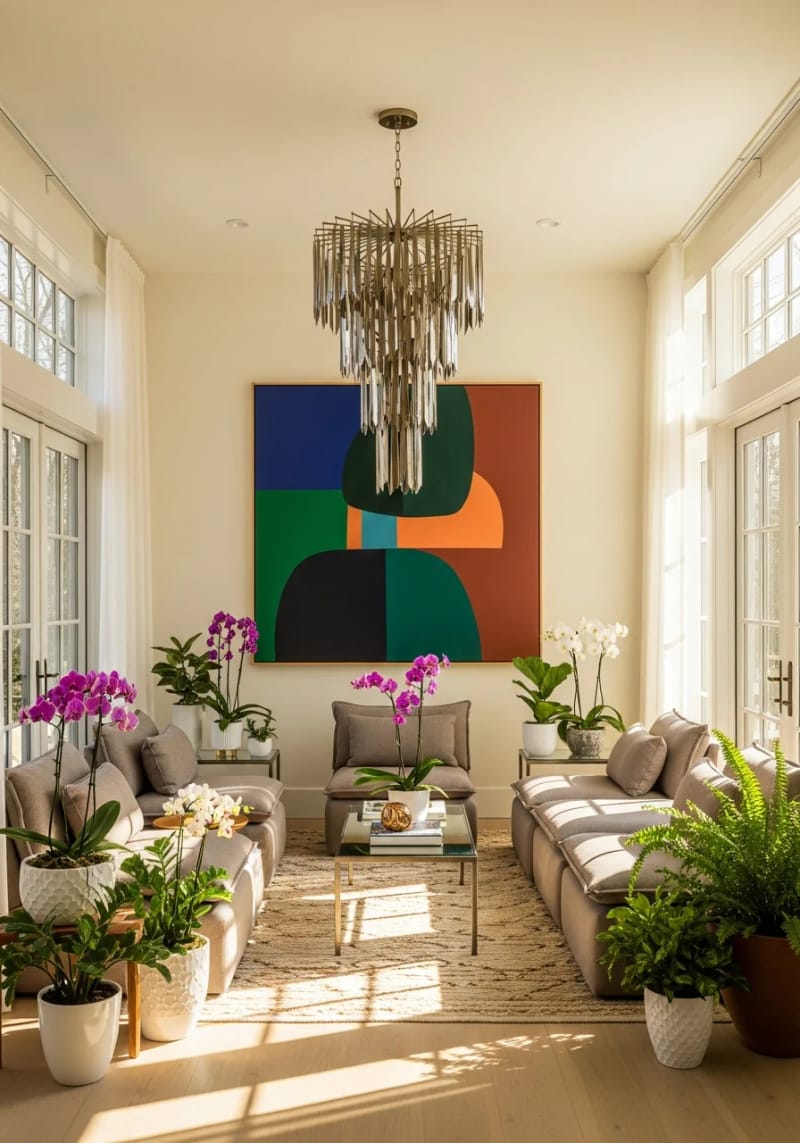 15 wonderful winter garden decoration ideas to refresh your home 26 Statement chandelier and wall art for an increased artistic retreat 1