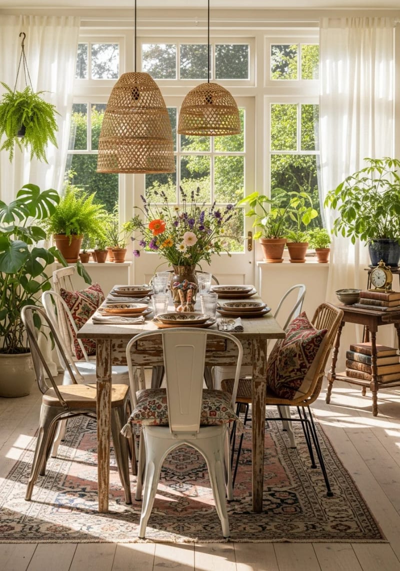 15 wonderful winter garden decoration ideas to refresh your home 22 Wintergarten -Essing area with vintage wood table and non -matching chairs 1