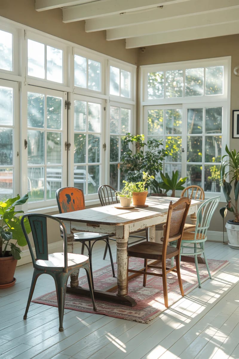 15 beautiful winter garden decoration ideas to refresh your home 23 Wintergarten -Essing area with vintage wood table and non -matching chairs 1