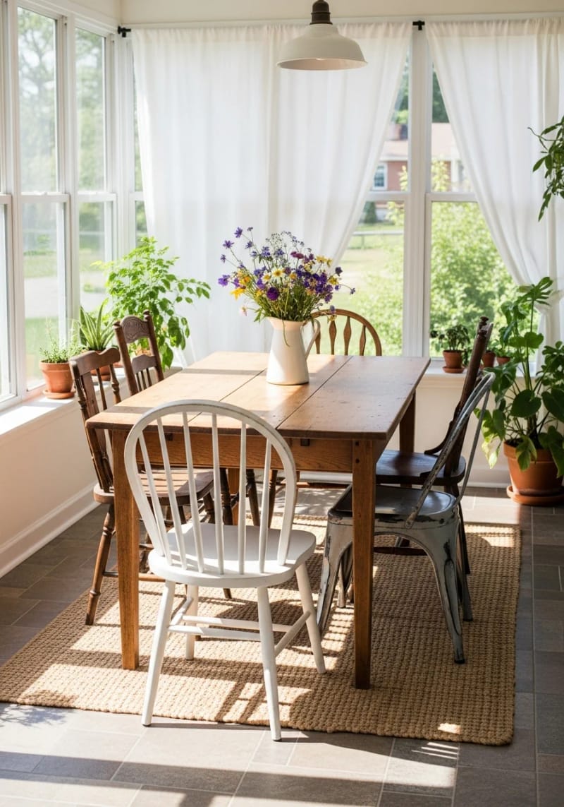 15 beautiful winter garden decoration ideas to refresh your home 24 Wintergarten -Essing area with vintage wood table and non -matching chairs 1