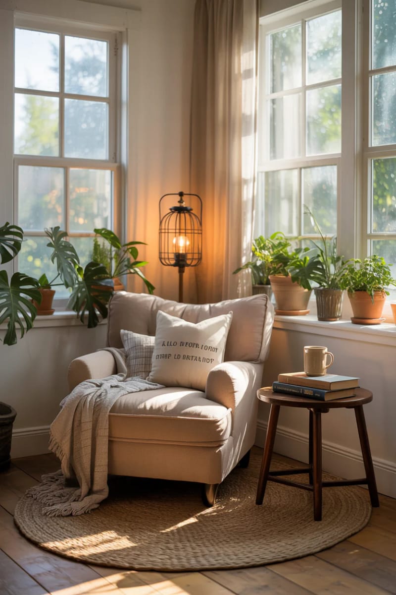 19 small winter garden ideas to open small rooms 34 Winter room reading with a plush armchair and lantern lighting 1
