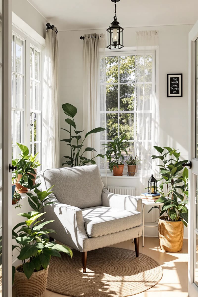 19 small conservatory ideas to illuminate small rooms 35 Winter room reading with a plush armchair and lantern lighting 1