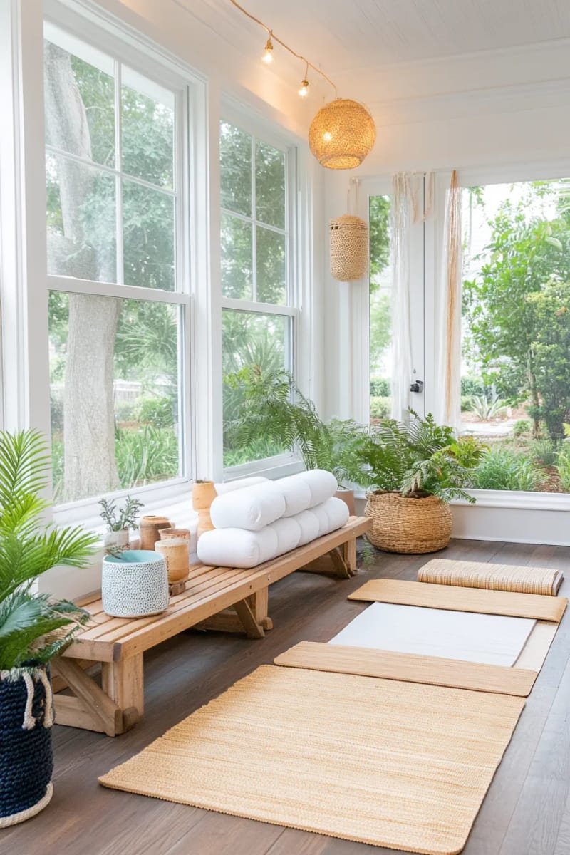 15 wonderful winter garden decoration ideas to refresh your home 32 Winter garden Yoga Sanctuary with bamboo mats and fairy cord lighters 1