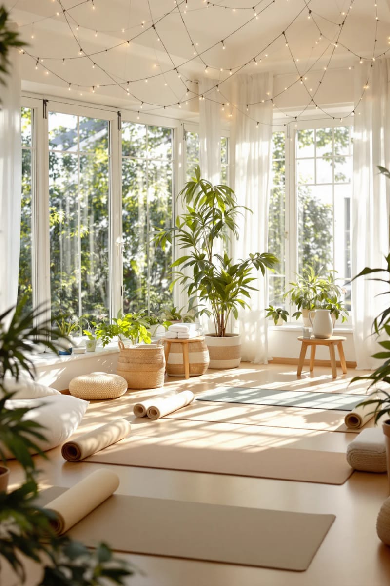 15 beautiful winter garden decoration ideas to refresh your home 33 Winter garden Yoga Sanctuary with bamboo mats and fairy cord lighters 1