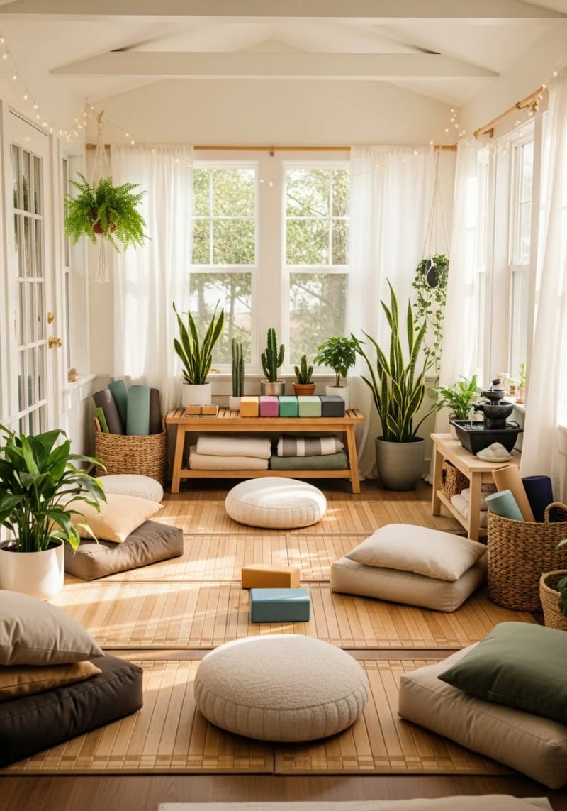 15 beautiful winter garden decoration ideas to refresh your home 34 Winter garden Yoga Sanctuary with bamboo mats and fairy cord lighters 1