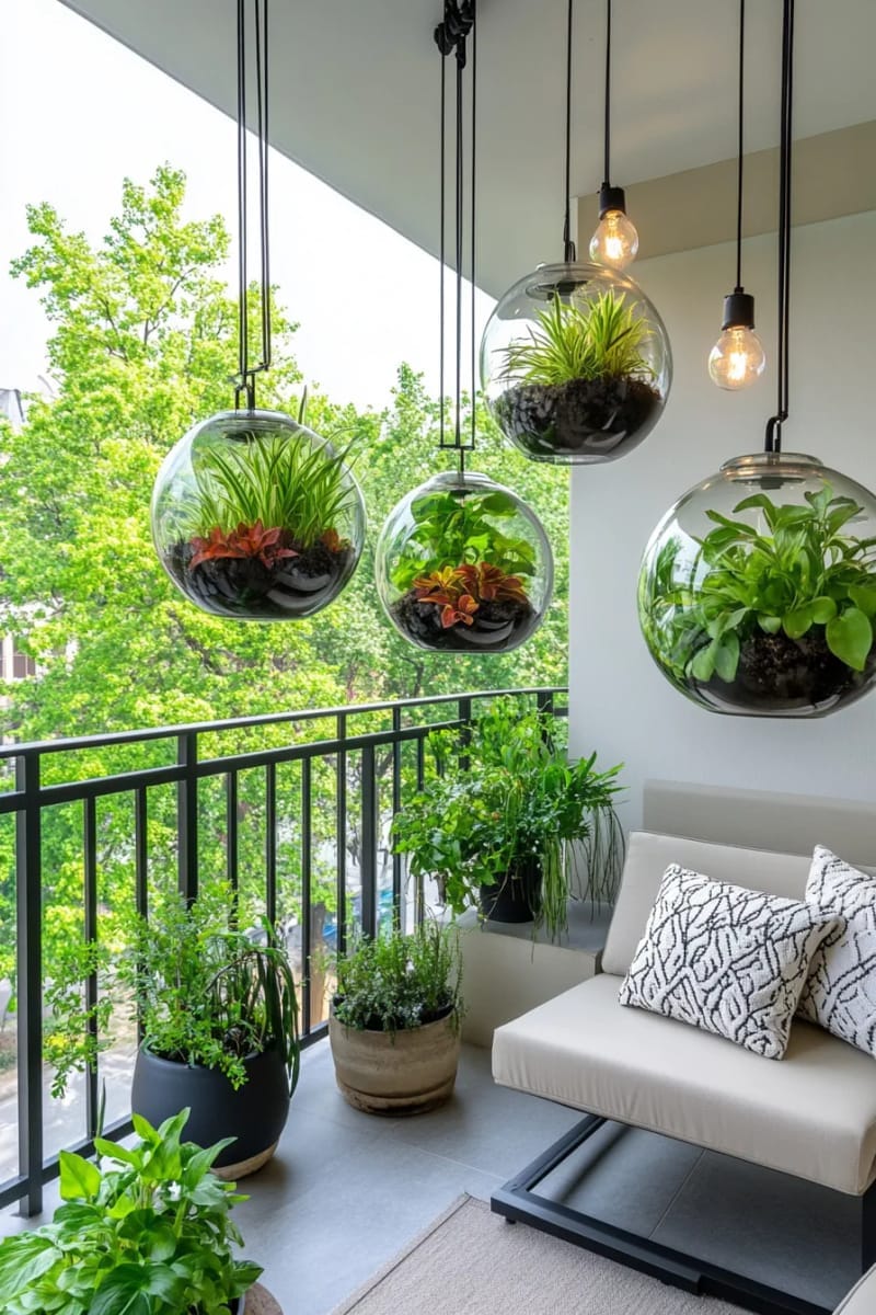 25 gemütliche kleine Balkondesign -Ideen, um Ihren Raum zu erhöhen 27 Hängende Glasterrarien mit Luftanlagen für moderne Gartenvibes 1