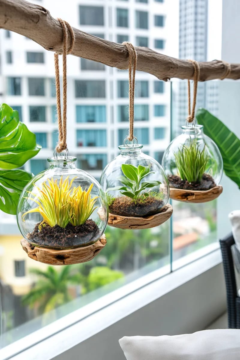 25 gemütliche kleine Balkondesign -Ideen, um Ihren Raum zu erhöhen 29 Hängende Glasterrarien mit Luftanlagen für moderne Gartenvibes 1