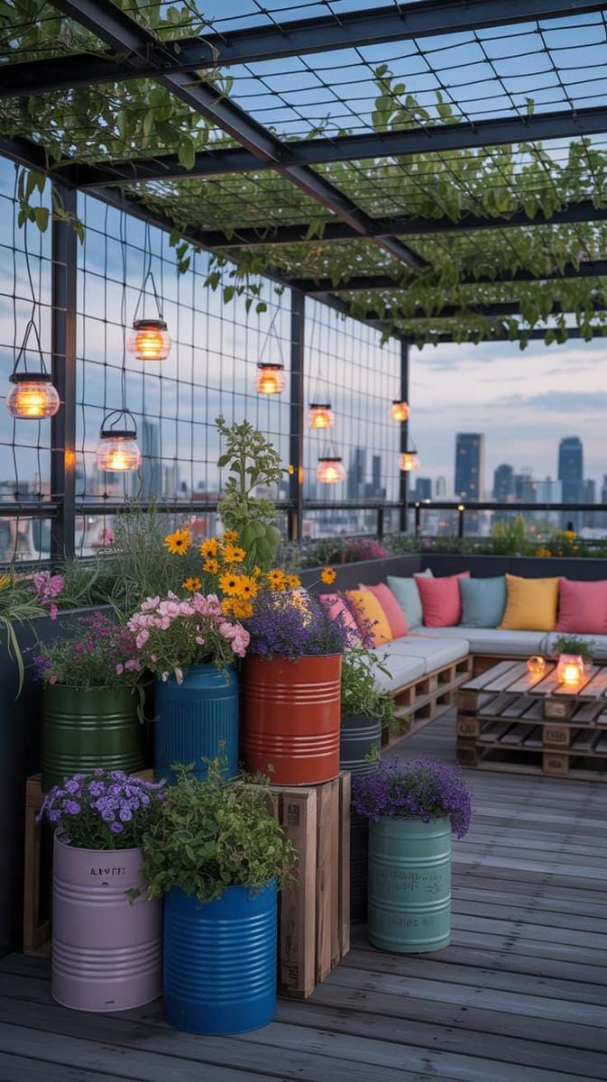 23 verträumte Dachterrasse Designs für modernes Leben im Freien 48 Nachhaltiger Terrassengarten mit recycelten Behältern und Solarlaternen 1