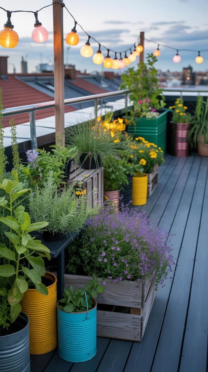 23 verträumte Dachterrasse Designs für modernes Outdoor -Leben 49 Nachhaltiger Terrassengarten mit recycelten Behältern und Solarlaternen 1