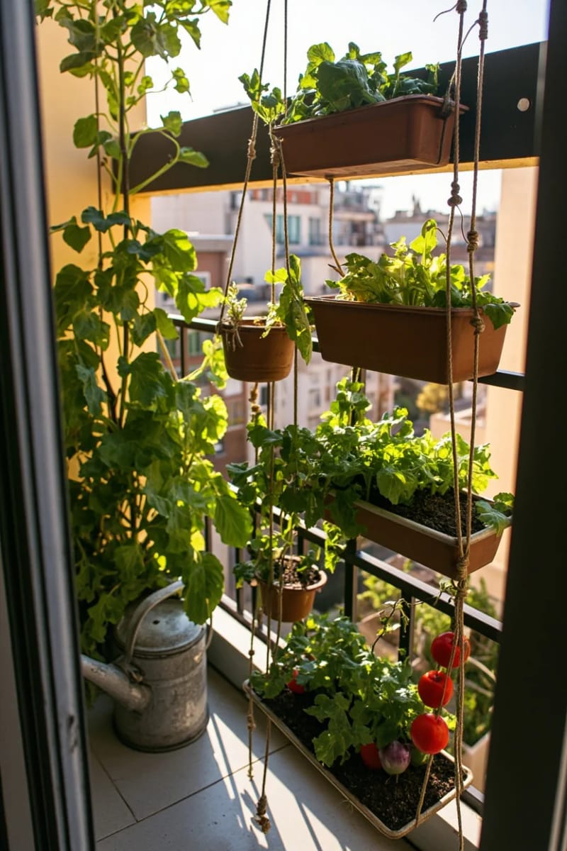 15 unique balcony with hanging plants for urban rooms 41 Graded hungry vegetable garden for apartment balcony rooms 1
