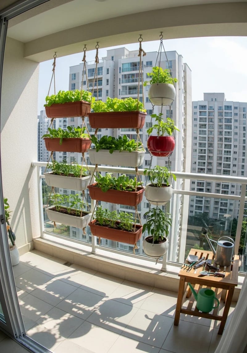 15 unique balcony with hanging plants for urban rooms 43 Graded hungry vegetable garden for apartment balcony rooms 1